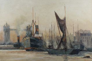 After Frank Henry Mason - Shipping in the Pool of London, late 20th/early 21st century oil on canvas