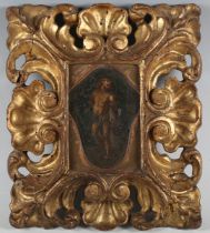 Italian School - Saint Sebastian, 19th century oil on metal, 12cm x 8.5cm, within a gilt carved