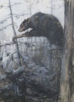 George Denholm Armour - Man clambering from a Bear, monochrome watercolour, signed, 28.5cm x 21cm,