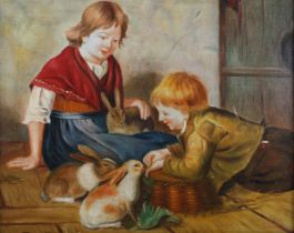 After Felix Schlesinger - Children feeding Rabbits, late 20th/early 21st century oil on canvas