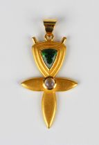 A gold, moonstone and green tourmaline pendant, detailed '90%', weight 6.9g, length 4.2cm.Buyer’s