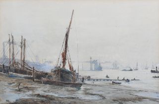 Thomas Bush Hardy - Shipping on the River Thames, 19th century watercolour, signed and dated '74,