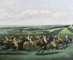 After Samuel Henry Alken - Rounding Tattenham Corner, late 20th/early 21st century oil on canvas-