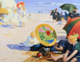 After Edward Henry Potthast - Rockaway Beach, late 20th/early 21st century oil on canvas-board,