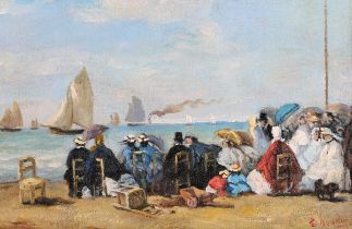 After Eugène Boudin - Beach Scene at Trouville, 20th century oil on canvas laid onto board, bears