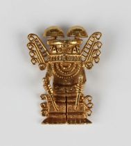 A gold pendant, designed as a winged Columbian deity figure, detailed '18K', weight 7.6g, length 3.