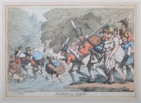 Thomas Rowlandson - 'Soldiers on a March', etching with later hand-colouring, published by