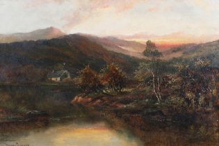 Henry Cooper - Landscape with River, Cottage and Distant Mountains, late 19th/early 20th century oil