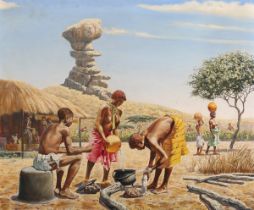 Eric Tansley - African Tribal Scene with Figures preparing Food, 20th century oil on canvas, signed,