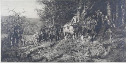 William Brassey Hole, after Lucy Kemp-Welch - Timber Hauling, etching, signed by both artists in