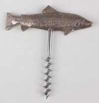 An Elizabeth II silver mounted novelty corkscrew, the handle formed as a salmon, Birmingham 1962