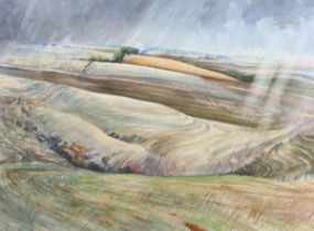 Sydney Greenwood - 'Rain over Wiltshire', 20th century watercolour, signed recto, titled label