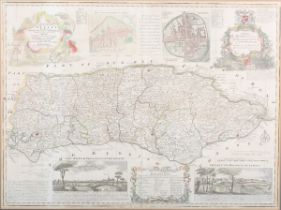 Emanuel Bowen - 'An Accurate Map of the County of Sussex', 18th century engraving with later hand-