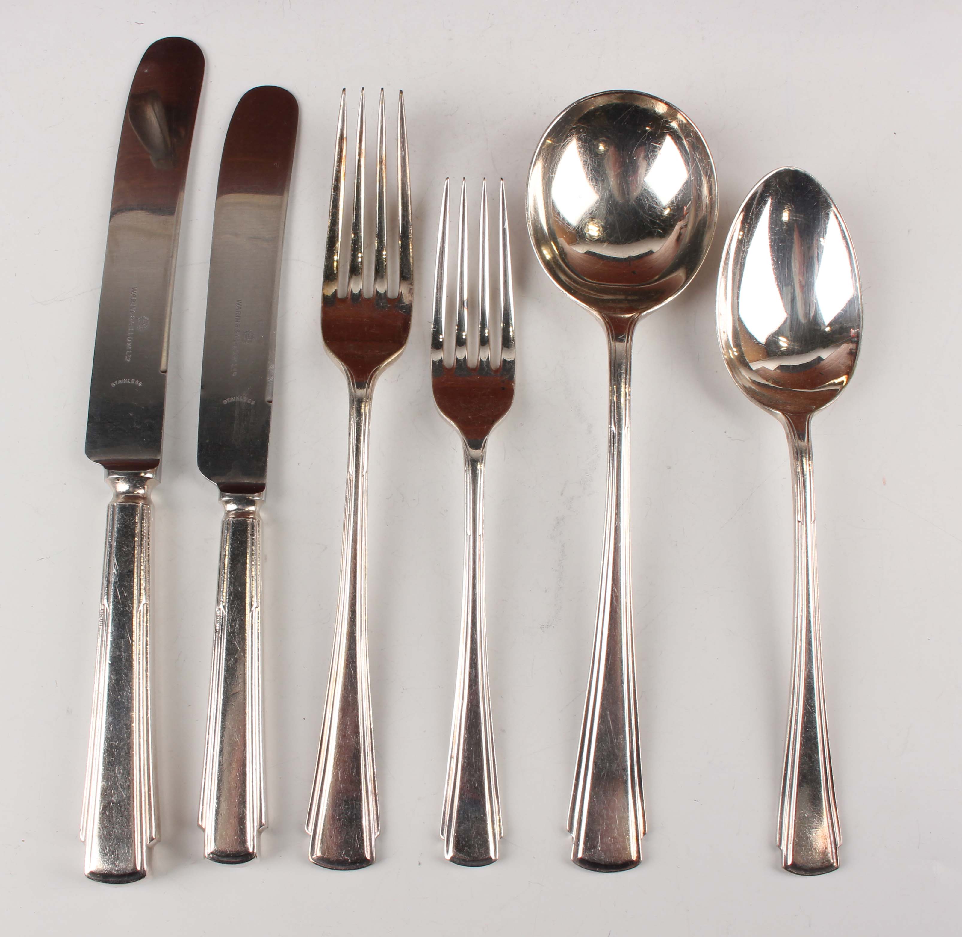 An Art Deco canteen of plated cutlery, comprising four tablespoons, six table knives and forks, - Image 3 of 3