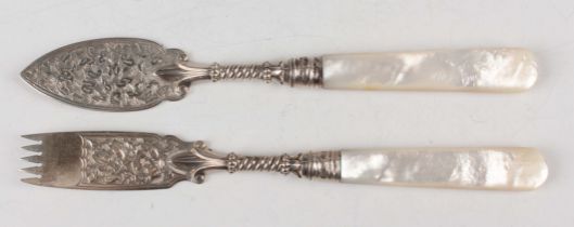 A Victorian silver and mother-of-pearl handled butter trowel and matching butter fork, each blade