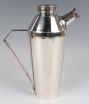 An Elkington & Co plated cocktail shaker of tapering cylindrical form with angular handle, screw top