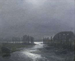 John Foulger - 'Effect of Moonlight, Bosham Quay', oil on board, signed recto, titled and dated 1976