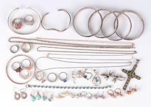 A group of mostly silver jewellery, comprising ten rings, five neckchains, five pendants, ten