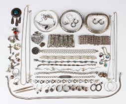 A group of silver and other jewellery, comprising eleven bracelets, three bangles, three rings,