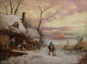 William Thomas Such - Rustic Winter Scene with Figures approaching a Cottage, 21cm x 28.5cm,