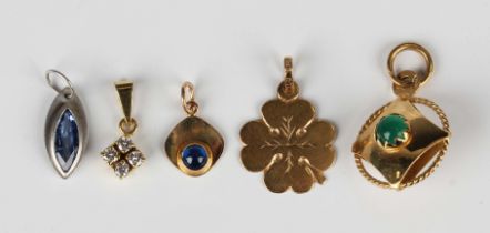 A Swedish gold four leaf clover pendant, detailed '18K', length 2cm, a gold and blue gem set