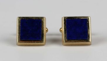 A pair of 9ct gold and lapis lazuli square cufflinks, with folding bar fittings, import mark