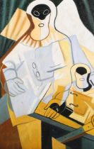 After Juan Gris - Pierrot, late 20th/early 21st century oil on canvas-board, 45cm x 29.5cm, within a