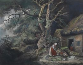 John Young, after George Morland - 'Rustic Ease', mezzotint with later hand-colouring, published