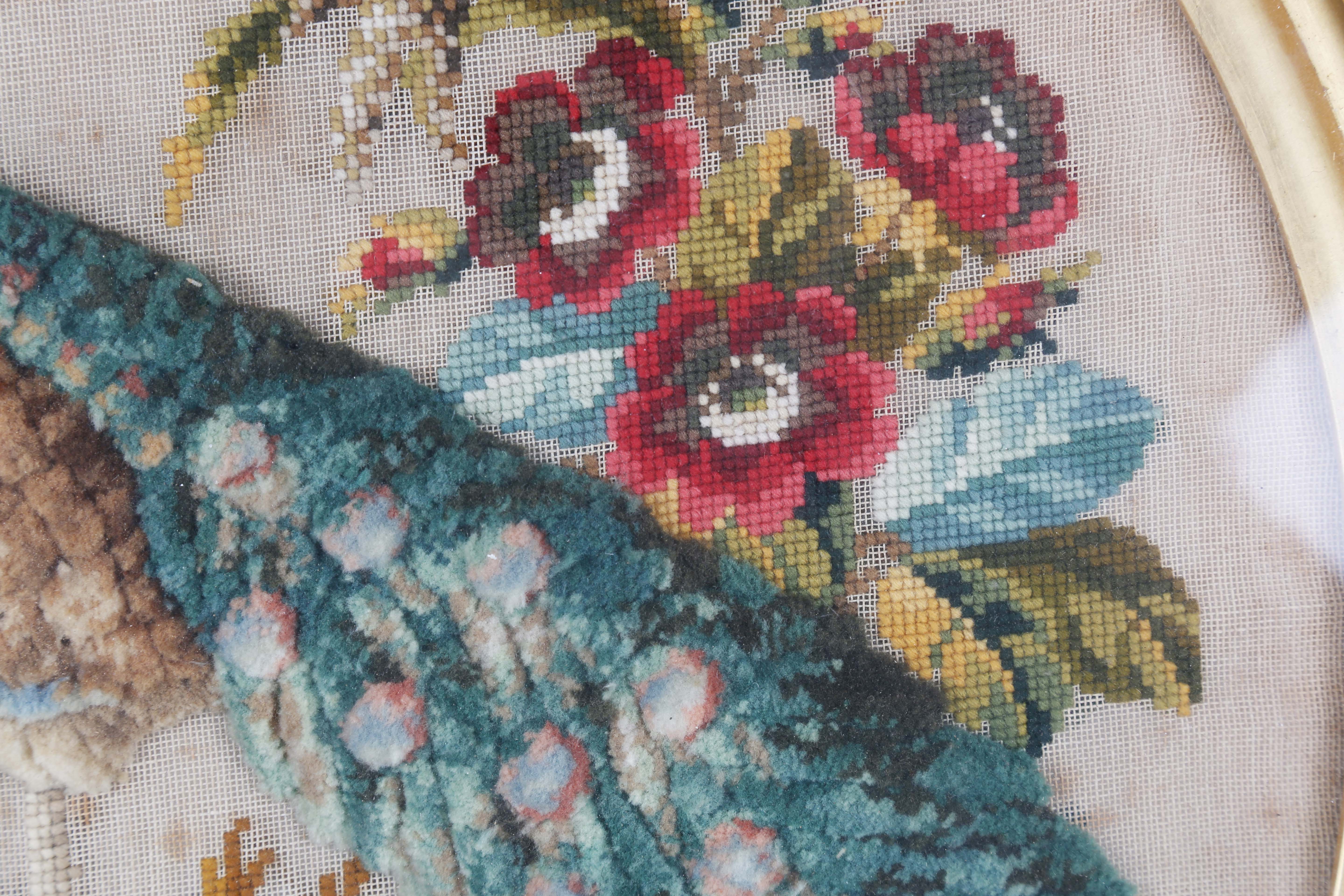 A Victorian wool and raised plush work tondo panel of a peacock standing within a floral surround, - Image 8 of 10