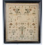 An early Victorian needlework sampler by Jane Constance, aged 13, dated 'January 6 1839', finely