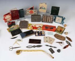 A collection of mixed textile related advertising items, including an Art Nouveau 'Luck & Sons' pins