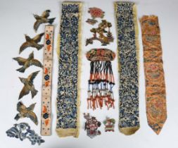A group of mainly Chinese embroidery, including various silk fragments, a beaded head adornment