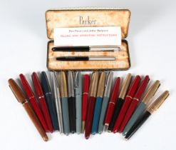 A good collection of mainly Parker fountain pens, including a Parker 51 pen and pencil set, cased,