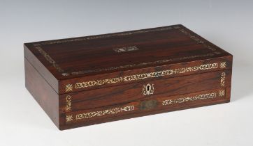 An early Victorian rosewood and mother-of-pearl inlaid artist's box by Ackermann & Co, the