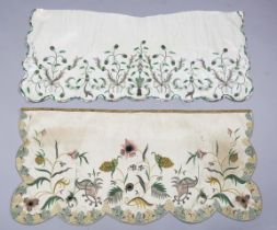 A late 17th/early 18th century English cream silk apron panel, finely embroidered in coloured