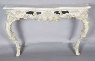 A 19th century Rococo Revival grey painted wood and composition marble-topped console table, the