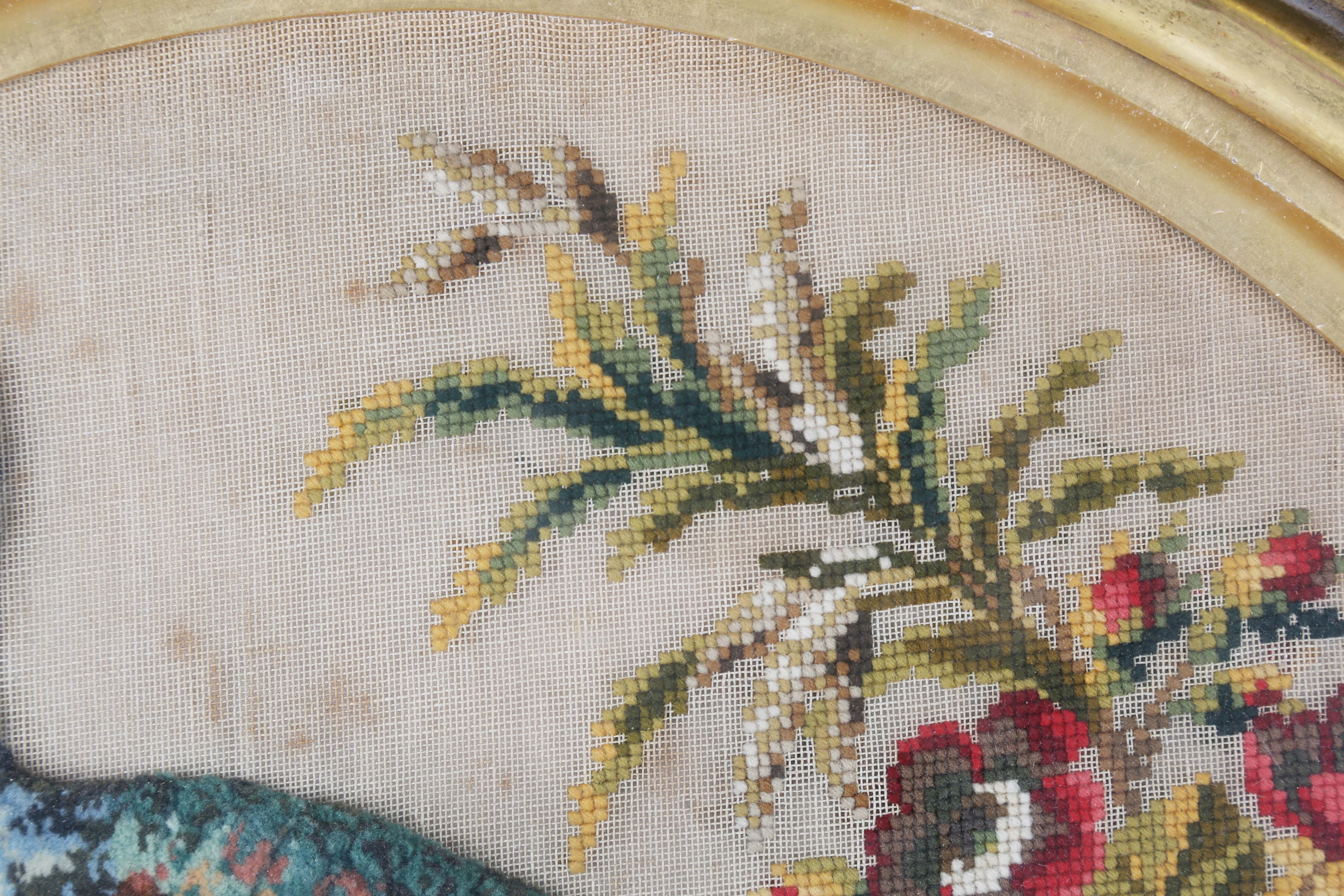 A Victorian wool and raised plush work tondo panel of a peacock standing within a floral surround, - Image 9 of 10