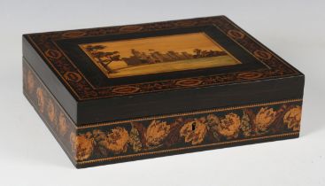 A Victorian Tunbridge ware rectangular box by Edmund Nye, the hinged lid with an inlaid view of