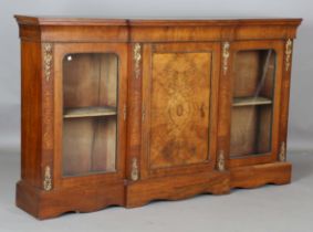 A Victorian walnut breakfront credenza with boxwood foliate inlay and applied gilt metal mounts,