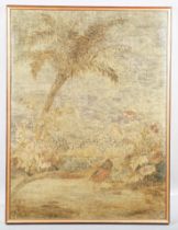 A large 19th century silkwork panel, finely worked with a pheasant within a woodland, 101cm x