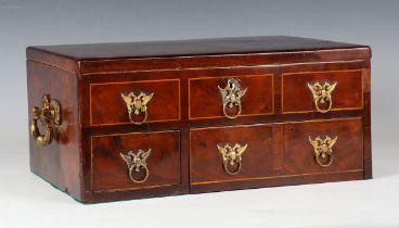 A George III mahogany and walnut writing box with boxwood stringing and crossbanded borders, the