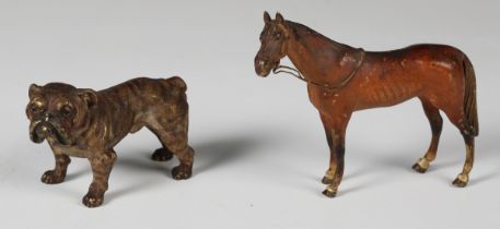 An early 20th century Austrian cold painted cast bronze model of a boxer dog, length 7cm, together