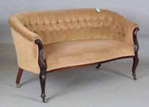 A late Victorian mahogany showframe settee with buttoned upholstery, on carved cabriole legs, height