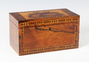 A Victorian Tunbridge ware rosewood tea caddy, the hinged lid with a mosaic of two mice within a