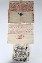 A George III needlework sampler by Florence Londrigan, dated 1817, 21cm x 27cm, together with two