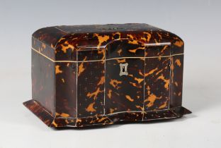 A Regency tortoiseshell tea caddy with overall metal stringing, the shaped front above a flared