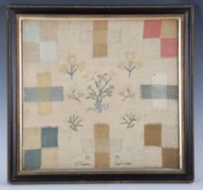 A George III needlework sampler by C. on, dated 'Septr 16 1808', finely worked in coloured silks,