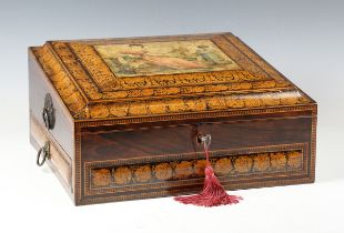 A fine Regency rosewood and penwork Tunbridge ware writing, sewing and artist's box, the hinged