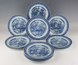 A set of twelve Chinese blue and white export porcelain plates, Qianlong period, each painted with a