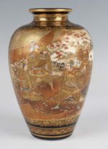 A Japanese Satsuma earthenware vase by Kinkozan, Meiji period, of shouldered tapering form,